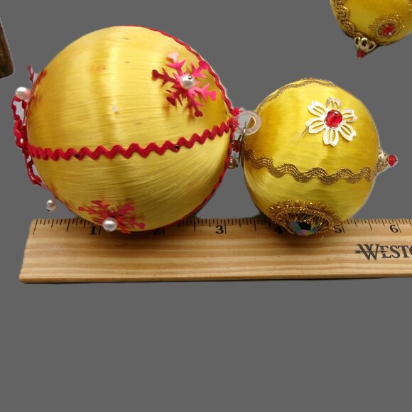 7 Gold Push Pin Christmas Ornaments, Satin Beaded Sequins, Vintage Handmade - Picture 10 of 10